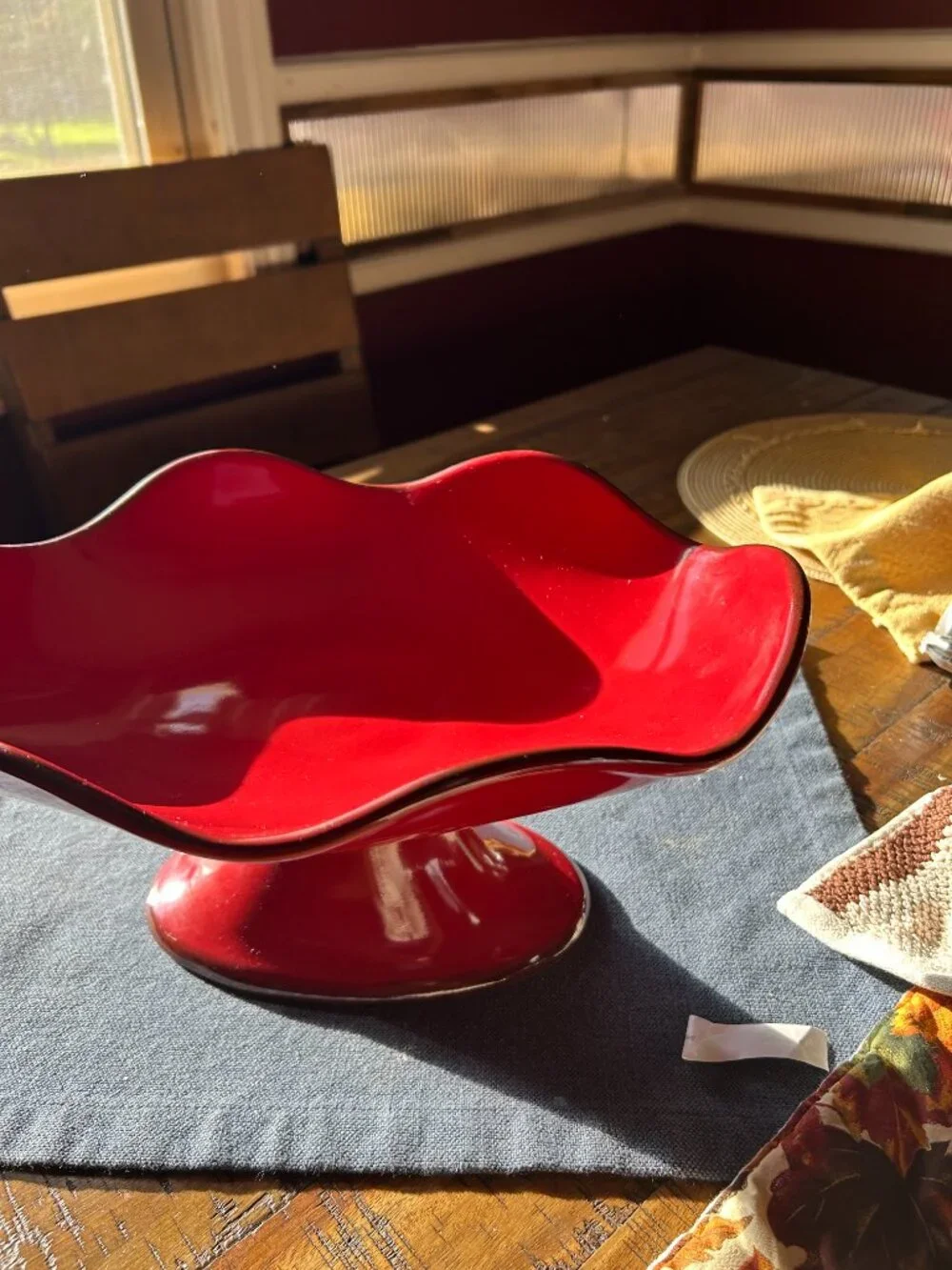 Vintage Red Glass Pedestal compote, Southern Living at Home Cinnabar Oval Com